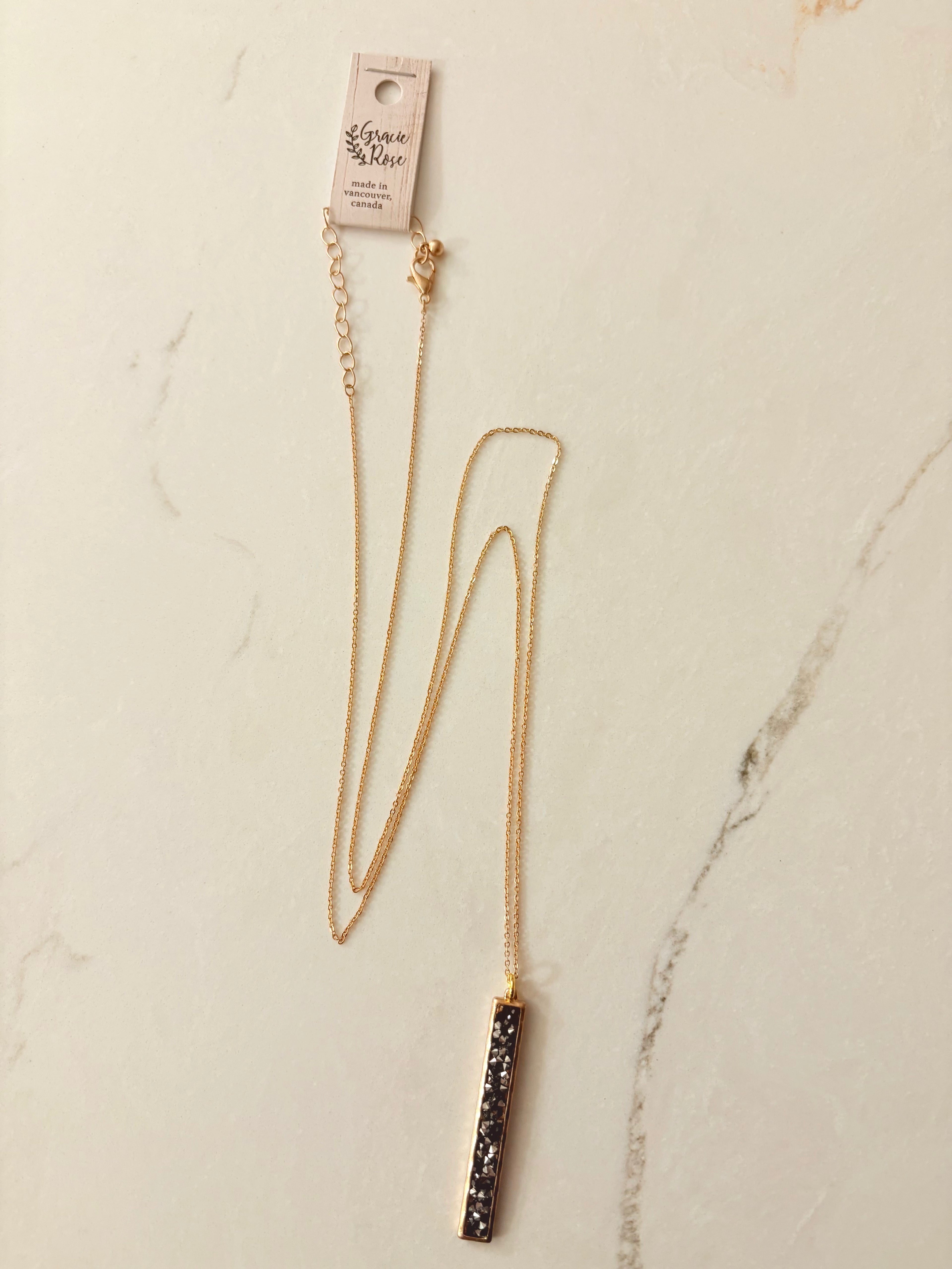 Glam Matte Gold Silver & Black Crystal Bar Pendant Necklace