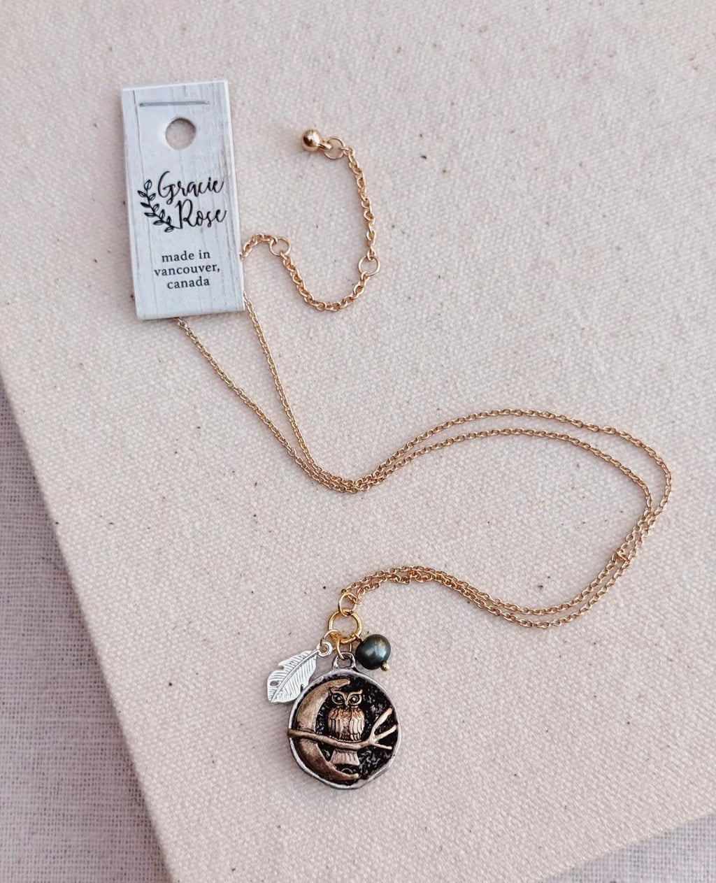 Owl & Moon Pearl Tailsman Charm Necklace