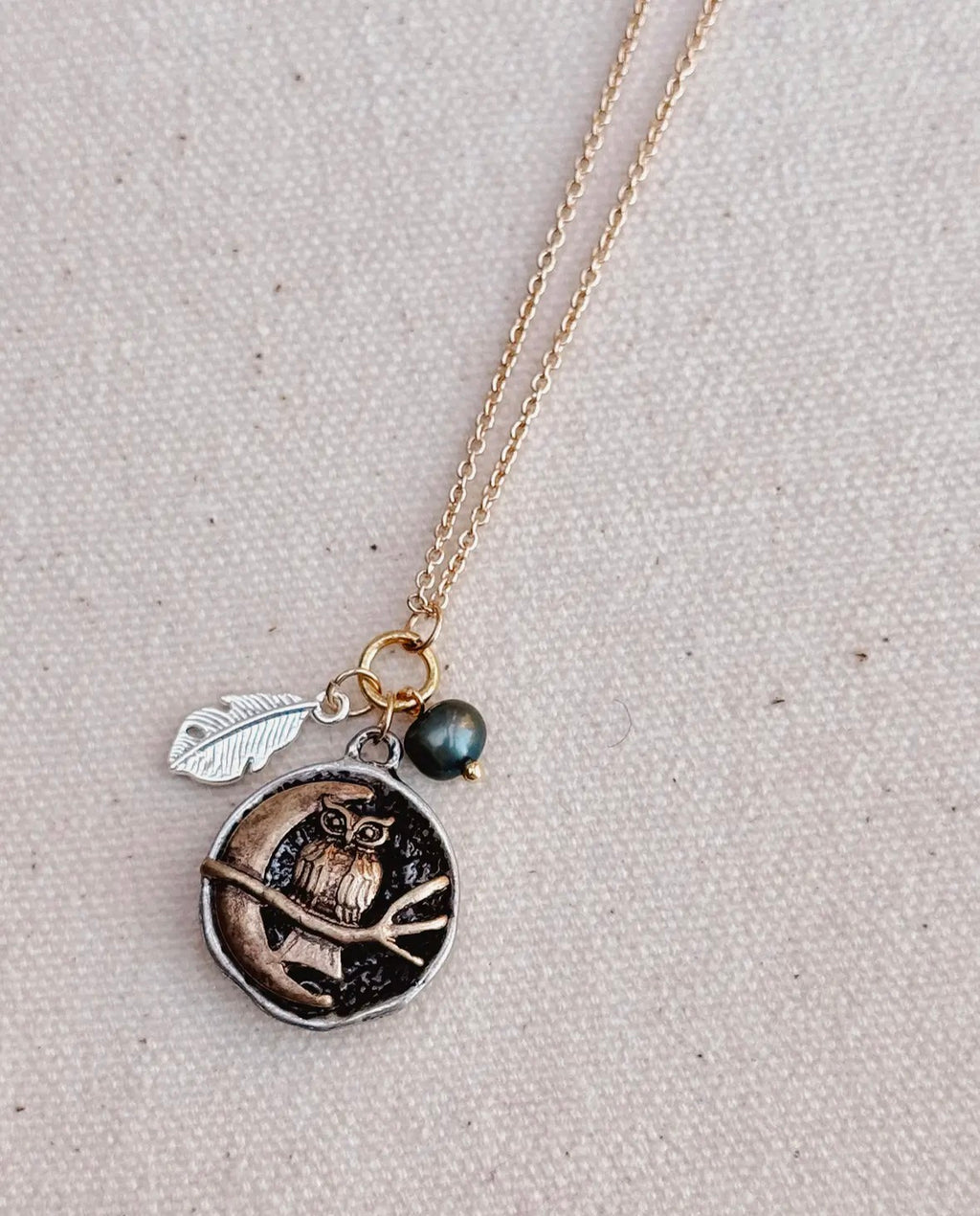 Owl & Moon Pearl Tailsman Charm Necklace