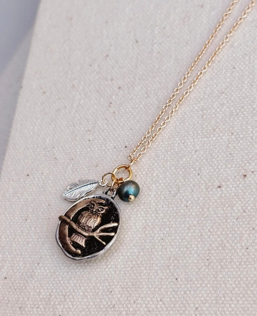 Owl & Moon Pearl Tailsman Charm Necklace