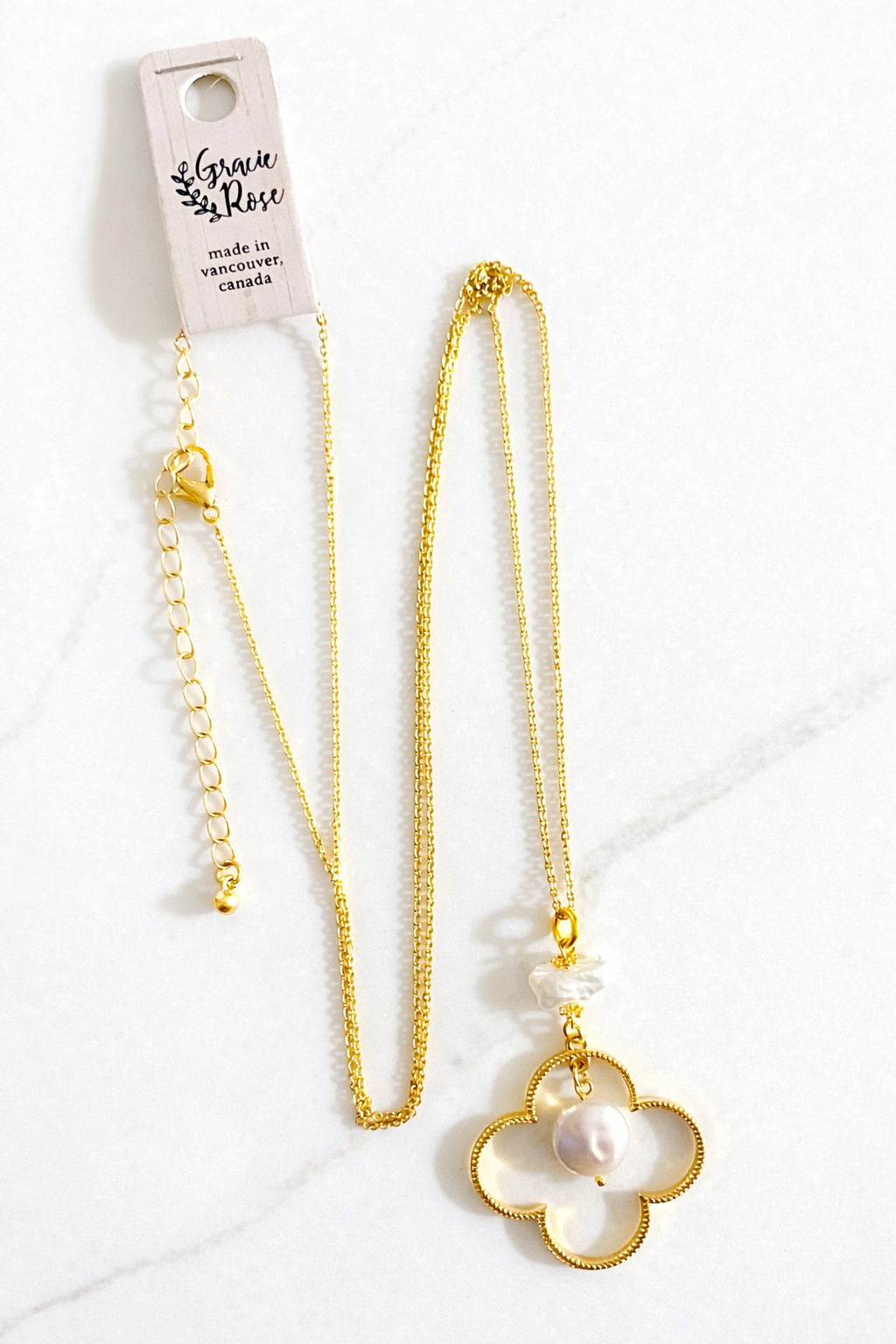 Matte Gold Keshi Freshwater Pearls Clover Pendant Necklace